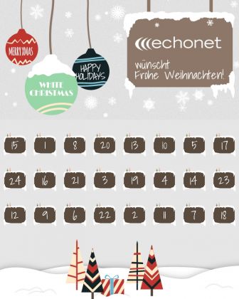 Adventkalender-Sujet: Christbaumkugeln und Schild (Logo) und Landschaftsfooter © echonet communication GmbH